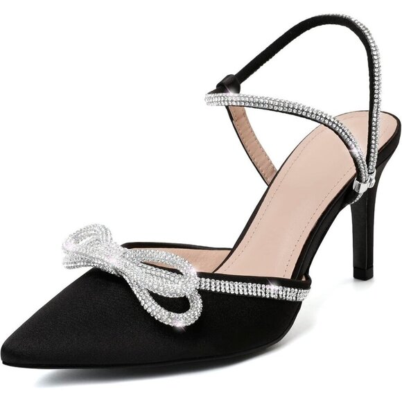 ⭐Women's Closed Toe Rhinstone Strap Pointed Toe Satinblack Bow Pumps Low Heel - Picture 1 of 9